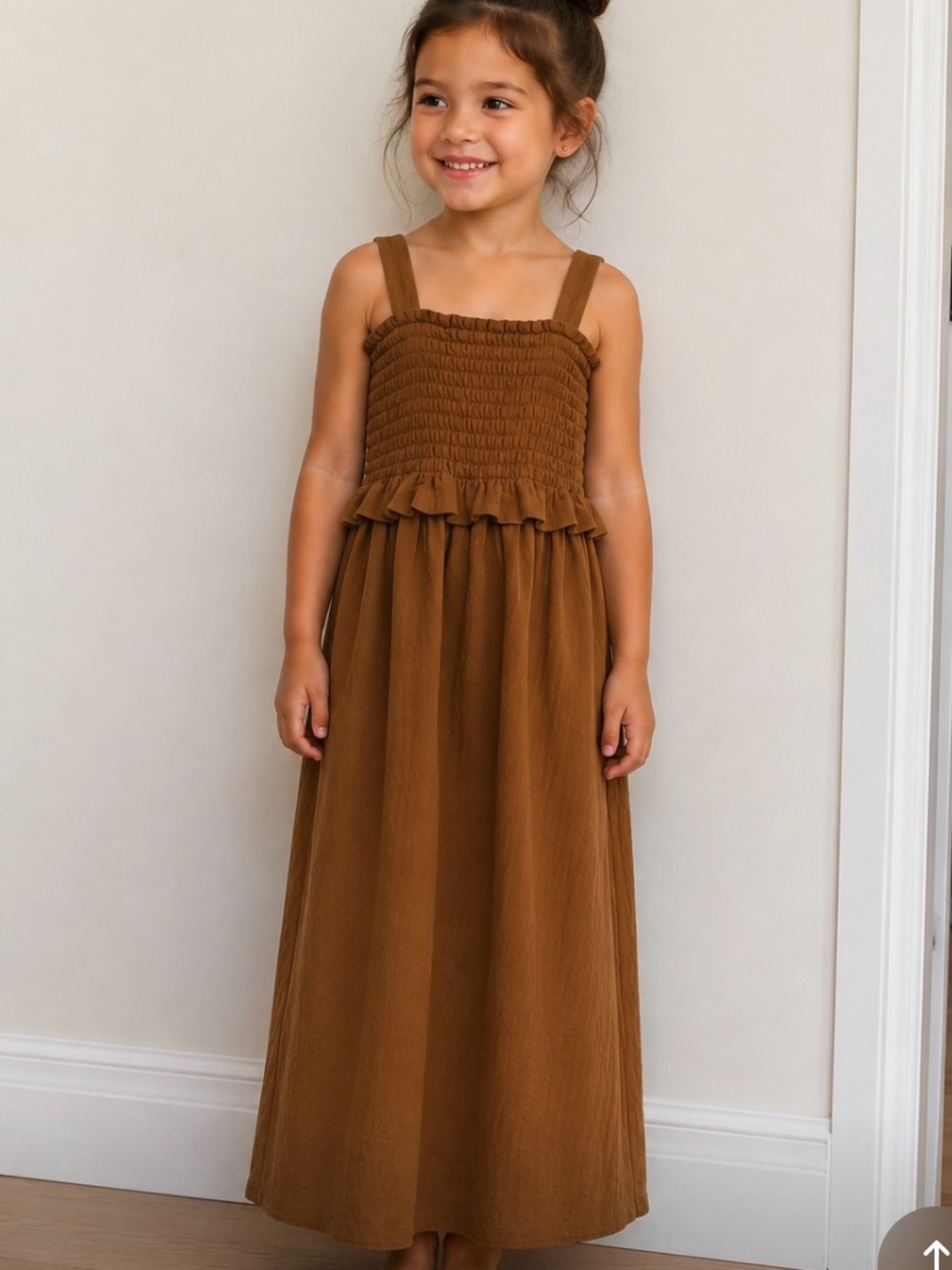 Girls Brown Smocked Maxi Dress with Ruffle Trim
